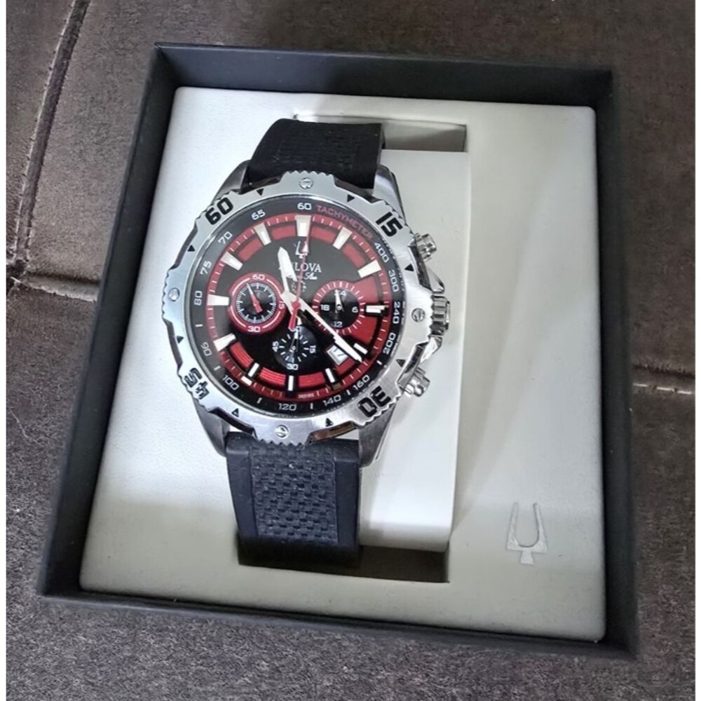 Bulova Marine Star Chronograph Mens Watch Black Red 96B186 Box Booklet